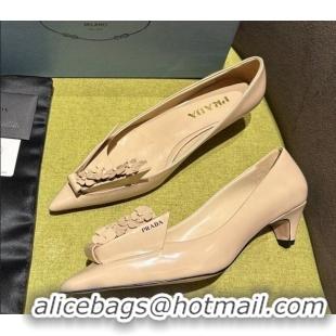 Perfect Prada Brushed leather pumps 4.5cm with floral appliques Nude 202047