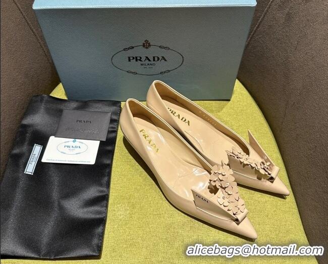 Perfect Prada Brushed leather pumps 4.5cm with floral appliques Nude 202047