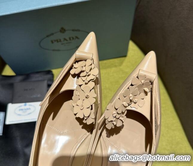 Perfect Prada Brushed leather pumps 4.5cm with floral appliques Nude 202047