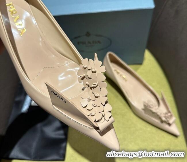 Perfect Prada Brushed leather pumps 4.5cm with floral appliques Nude 202047