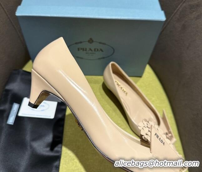 Perfect Prada Brushed leather pumps 4.5cm with floral appliques Nude 202047