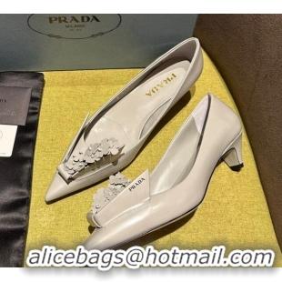 Durable Prada Brushed leather pumps 4.5cm with floral appliques Grey 202048