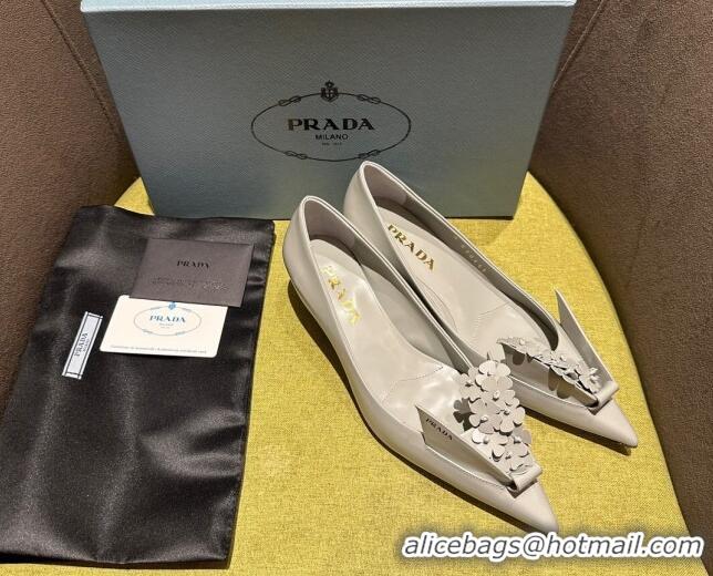 Durable Prada Brushed leather pumps 4.5cm with floral appliques Grey 202048