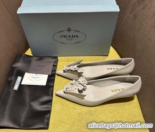 Durable Prada Brushed leather pumps 4.5cm with floral appliques Grey 202048