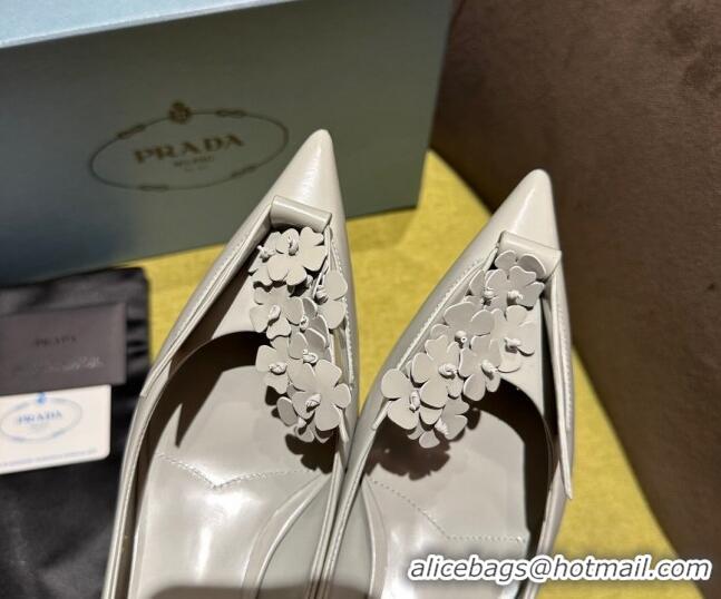 Durable Prada Brushed leather pumps 4.5cm with floral appliques Grey 202048