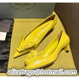 Good Quality Prada Brushed leather pumps 4.5cm with floral appliques Yellow 202049