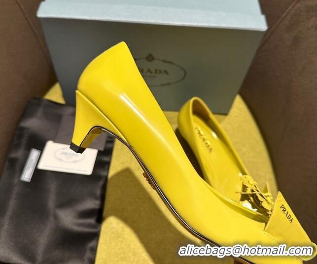 Good Quality Prada Brushed leather pumps 4.5cm with floral appliques Yellow 202049