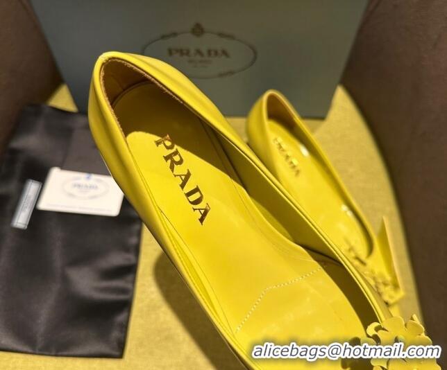 Good Quality Prada Brushed leather pumps 4.5cm with floral appliques Yellow 202049