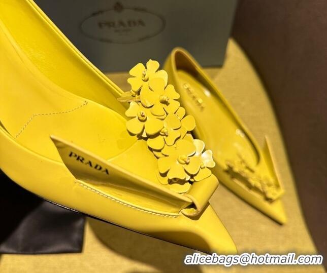 Good Quality Prada Brushed leather pumps 4.5cm with floral appliques Yellow 202049