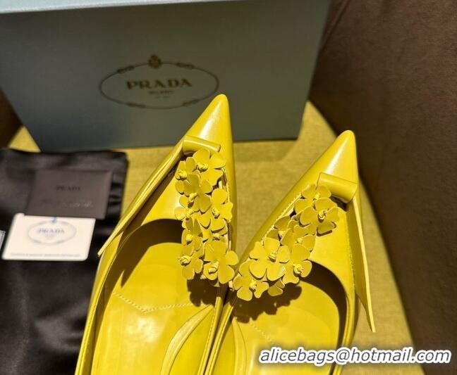 Good Quality Prada Brushed leather pumps 4.5cm with floral appliques Yellow 202049