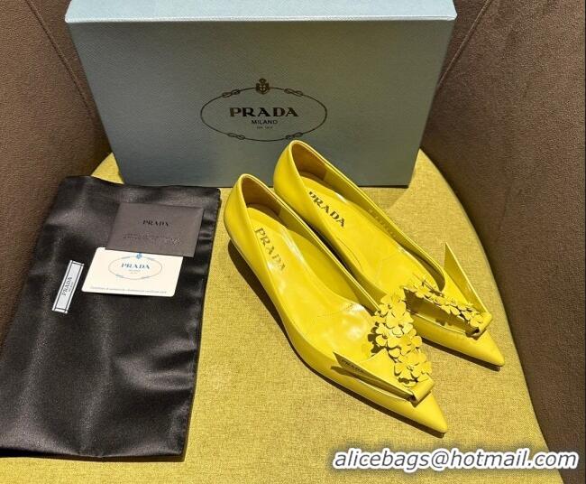 Good Quality Prada Brushed leather pumps 4.5cm with floral appliques Yellow 202049