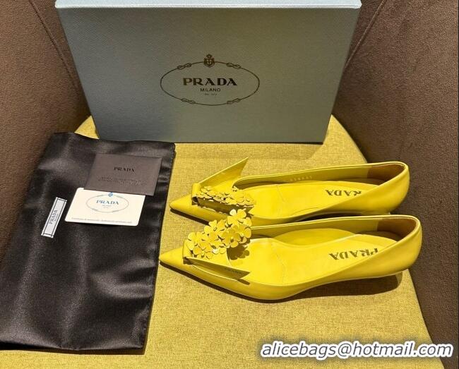 Good Quality Prada Brushed leather pumps 4.5cm with floral appliques Yellow 202049