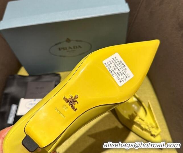 Good Quality Prada Brushed leather pumps 4.5cm with floral appliques Yellow 202049