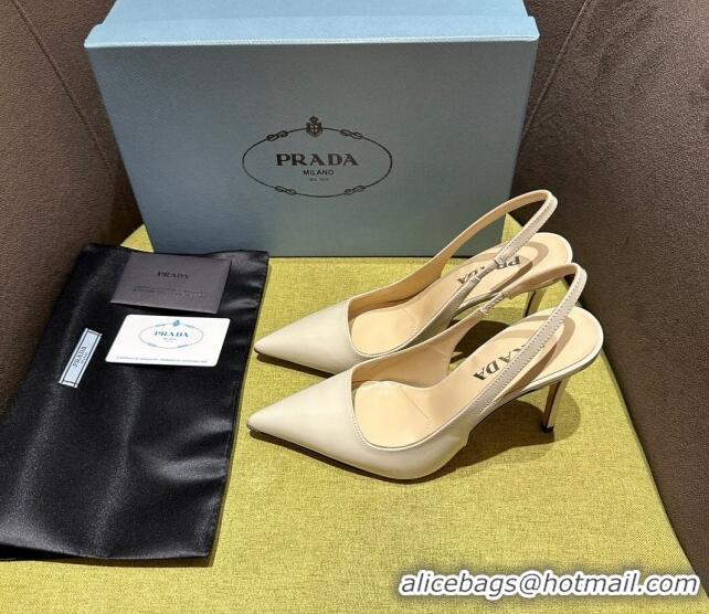 Best Grade Prada Patent-leather slingback pumps 9cm with Back Logo White 120205