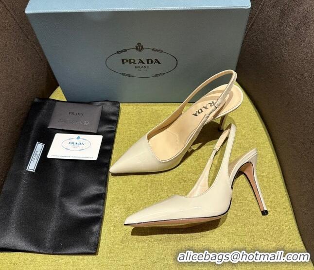 Best Grade Prada Patent-leather slingback pumps 9cm with Back Logo White 120205