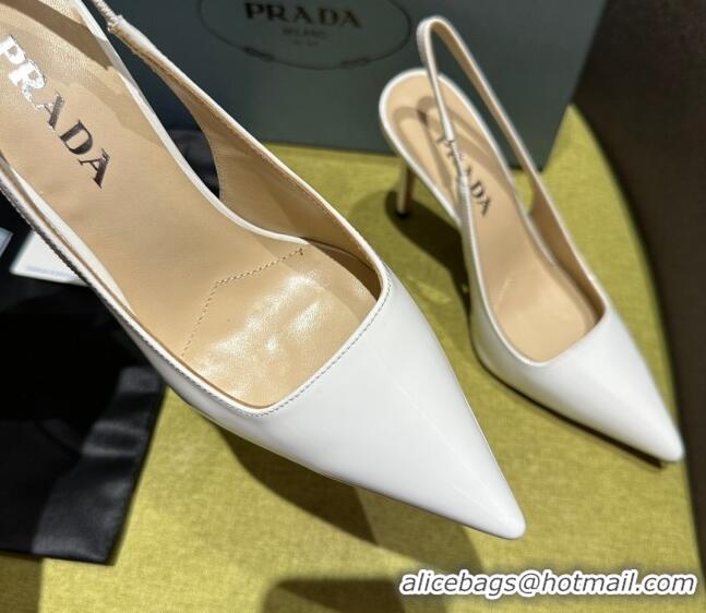 Shop Duplicate Prada Patent-leather slingback pumps 9cm with Back Logo Optic White 202052