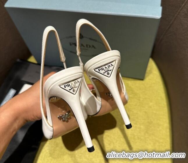 Shop Duplicate Prada Patent-leather slingback pumps 9cm with Back Logo Optic White 202052