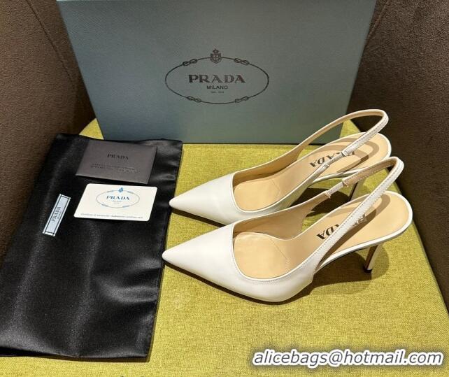 Shop Duplicate Prada Patent-leather slingback pumps 9cm with Back Logo Optic White 202052