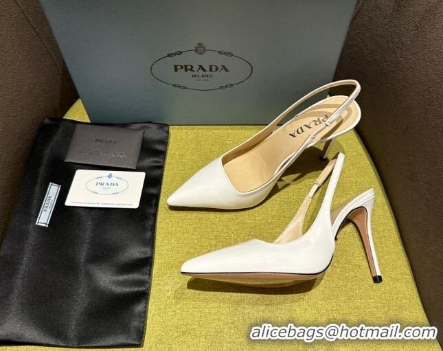 Shop Duplicate Prada Patent-leather slingback pumps 9cm with Back Logo Optic White 202052