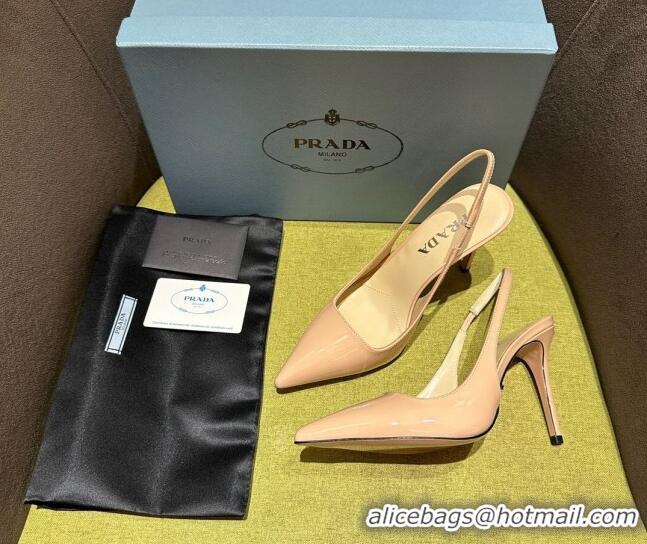 Pretty Style Prada Patent-leather slingback pumps 9cm with Back Logo Nude Pink 202053