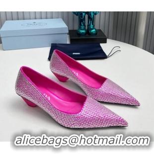 Top Design Prada Satin Pumps 4cm with Crystals Dark Pink 204001