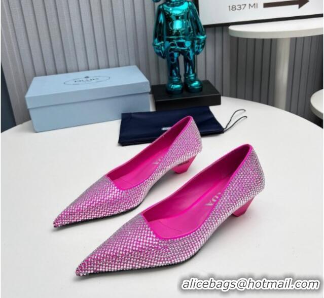 Top Design Prada Satin Pumps 4cm with Crystals Dark Pink 204001