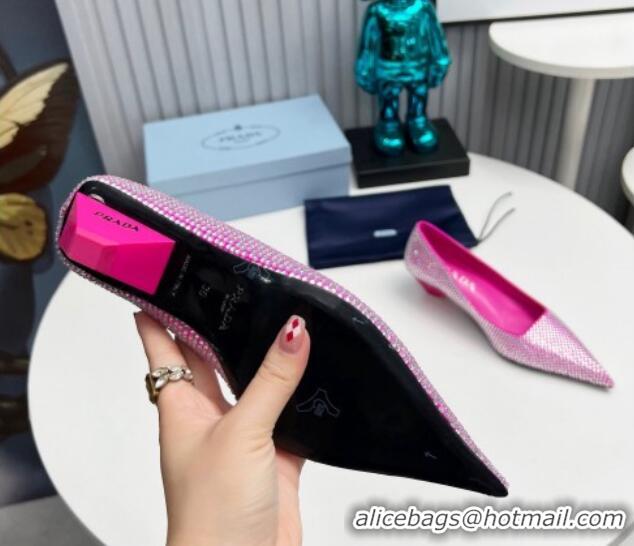 Top Design Prada Satin Pumps 4cm with Crystals Dark Pink 204001