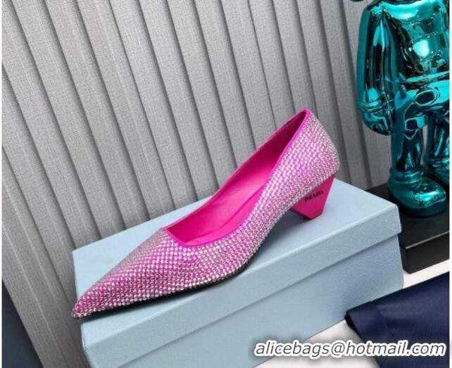 Top Design Prada Satin Pumps 4cm with Crystals Dark Pink 204001