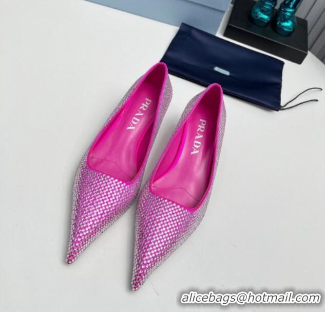 Top Design Prada Satin Pumps 4cm with Crystals Dark Pink 204001