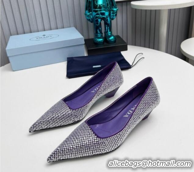 Lower Price Prada Satin Pumps 4cm with Crystals Purple 204002