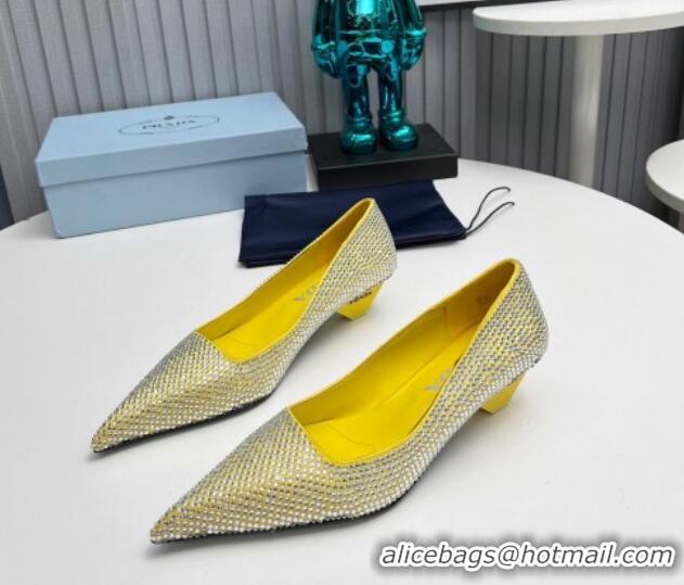 Good Looking Prada Satin Pumps 4cm with Crystals Yellow 204003