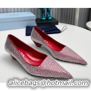 Grade Quality Prada Satin Pumps 4cm with Crystals Red 204007