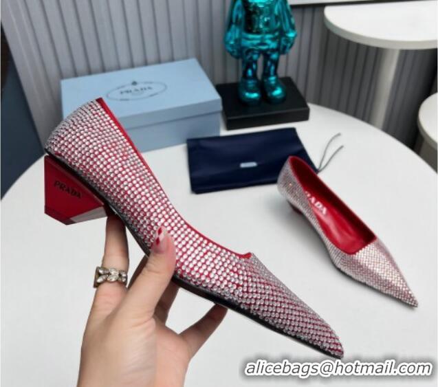 Grade Quality Prada Satin Pumps 4cm with Crystals Red 204007