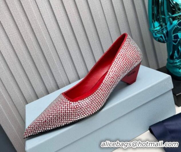 Grade Quality Prada Satin Pumps 4cm with Crystals Red 204007