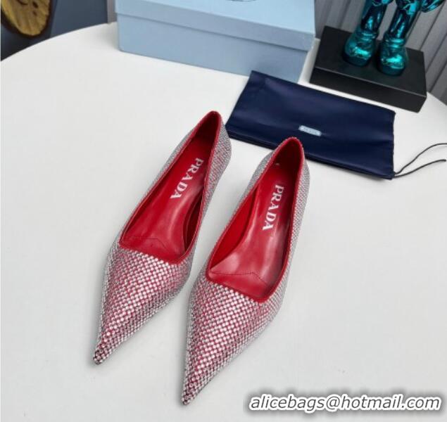 Grade Quality Prada Satin Pumps 4cm with Crystals Red 204007