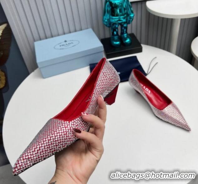 Grade Quality Prada Satin Pumps 4cm with Crystals Red 204007