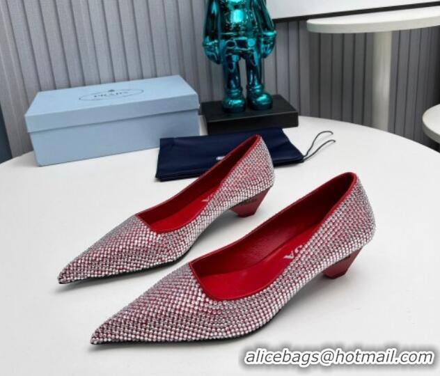 Grade Quality Prada Satin Pumps 4cm with Crystals Red 204007