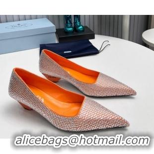 Luxurious Prada Satin Pumps 4cm with Crystals Orange 204008