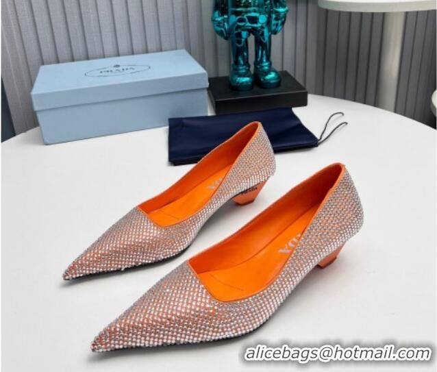 Luxurious Prada Satin Pumps 4cm with Crystals Orange 204008