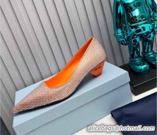 Luxurious Prada Satin Pumps 4cm with Crystals Orange 204008