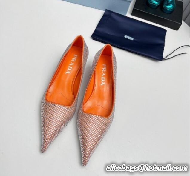 Luxurious Prada Satin Pumps 4cm with Crystals Orange 204008