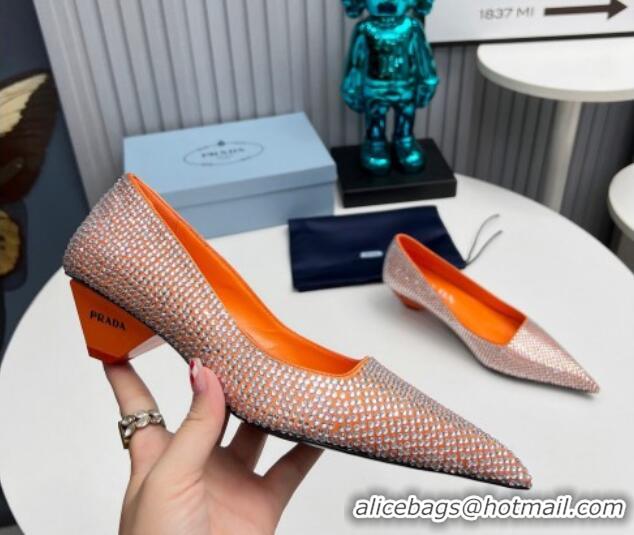 Luxurious Prada Satin Pumps 4cm with Crystals Orange 204008