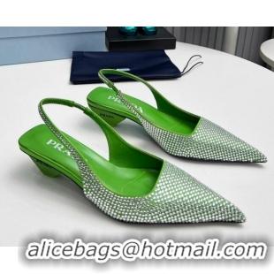 AAAAA Prada Satin Slingback Pumps 4cm with Crystals Green 204010