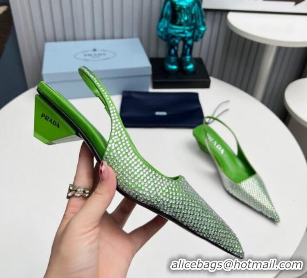 AAAAA Prada Satin Slingback Pumps 4cm with Crystals Green 204010