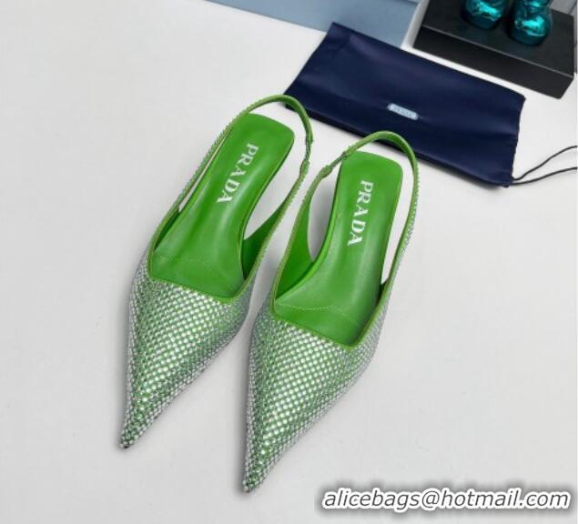 AAAAA Prada Satin Slingback Pumps 4cm with Crystals Green 204010