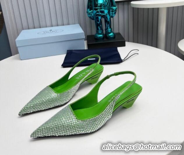 AAAAA Prada Satin Slingback Pumps 4cm with Crystals Green 204010