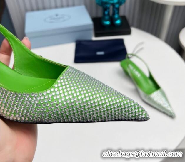 AAAAA Prada Satin Slingback Pumps 4cm with Crystals Green 204010