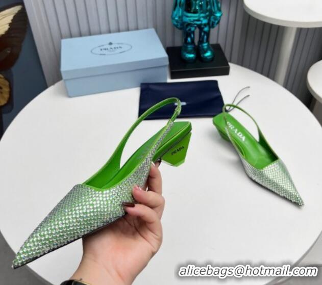 AAAAA Prada Satin Slingback Pumps 4cm with Crystals Green 204010