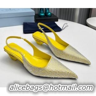 Sophisticated Prada Satin Slingback Pumps 4cm with Crystals Yellow 204012