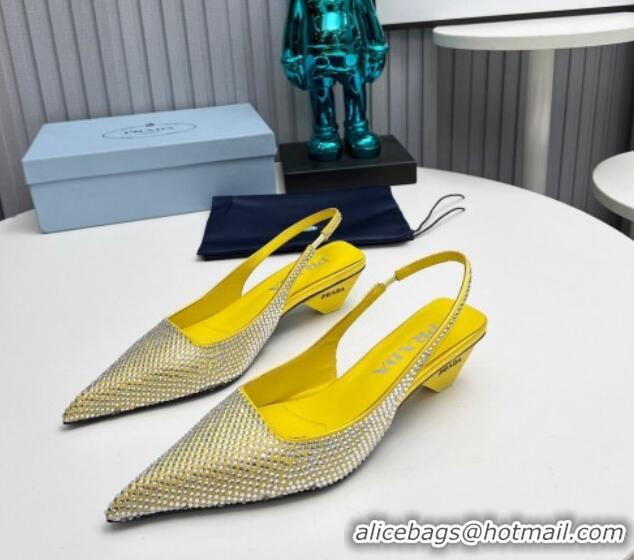 Sophisticated Prada Satin Slingback Pumps 4cm with Crystals Yellow 204012